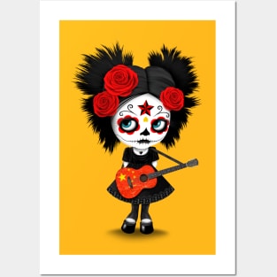 Sugar Skull Girl Playing Chinese Flag Guitar Posters and Art